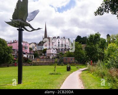 Swans Steel sculpture by Walenty Pytel on the Rope Walk Riverside Trail Ross-on-Wye Herefordshire England UK Stock Photo