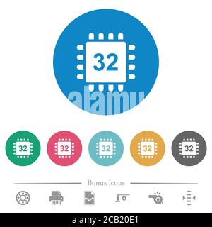 Microprocessor 32 bit architecture flat white icons on round color backgrounds. 6 bonus icons included. Stock Vector