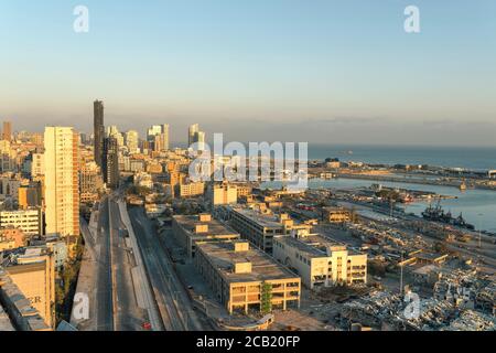 Beirut, Lebanon - August 05 2020: Aerial view of Beirut destruction as ...