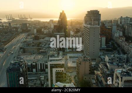 Beirut, Lebanon - August 05 2020: Aerial view of Beirut destruction as ...