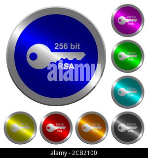 256 bit rsa encryption icons on round luminous coin-like color steel buttons Stock Vector