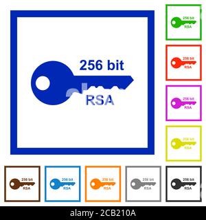 256 bit rsa encryption flat color icons in square frames on white background Stock Vector