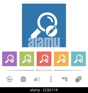 Edit search terms flat white icons in square backgrounds. 6 bonus icons included. Stock Vector