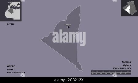 Shape of Adrar, province of Algeria, and its capital. Distance scale, previews and labels. Colored elevation map. 3D rendering Stock Photo