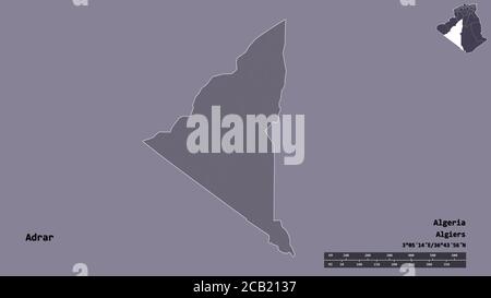 Shape of Adrar, province of Algeria, with its capital isolated on solid background. Distance scale, region preview and labels. Colored elevation map. Stock Photo