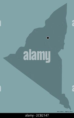 Shape of Adrar, province of Algeria, with its capital isolated on a solid color background. Colored elevation map. 3D rendering Stock Photo