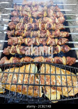 Dish on the grill. Top view of pork skewers and baked fish, cooked in smoke on the grill Stock Photo