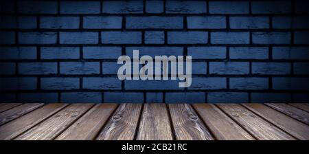 empty wooden table over brick wall background, panoramic image Stock Photo