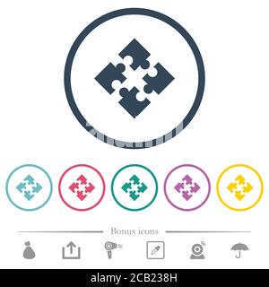 Modules flat color icons in round outlines. 6 bonus icons included. Stock Vector