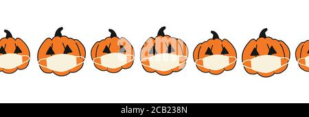 Corona Halloween Pumpkin Seamless Vector Border. Pumpkins wearing face masks repeating pattern. Covid-19 virus background. For Halloween 2020 Stock Vector