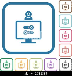 Webcam tweaking simple icons in color rounded square frames on white background Stock Vector
