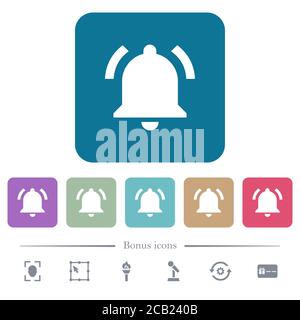Active notification white flat icons on color rounded square backgrounds. 6 bonus icons included Stock Vector