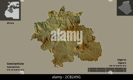 Shape of Constantine, province of Algeria, and its capital. Distance scale, previews and labels. Topographic relief map. 3D rendering Stock Photo