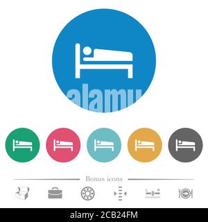 Sleeping man flat white icons on round color backgrounds. 6 bonus icons included. Stock Vector