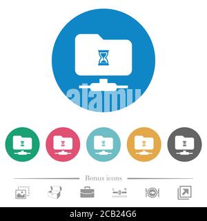FTP busy flat white icons on round color backgrounds. 6 bonus icons included. Stock Vector
