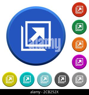 Open in new window round color beveled buttons with smooth surfaces and flat white icons Stock Vector