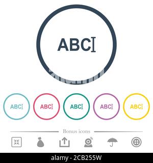 Typing text with cursor flat color icons in round outlines. 6 bonus icons included. Stock Vector