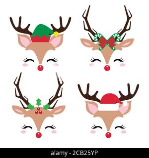 Cute Christmas red nose reindeer faces set for card design, home decor design, apparel design. Vector illustration Isolated objects on white. Stock Vector