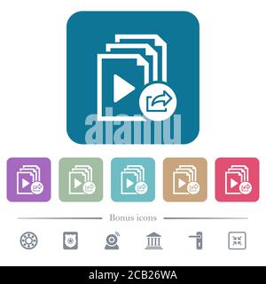 Export playlist white flat icons on color rounded square backgrounds. 6 bonus icons included Stock Vector