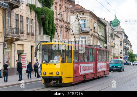 Lviv, Ukraine - Old tram at Old City of Lviv in Lviv, Ukraine. Stock Photo