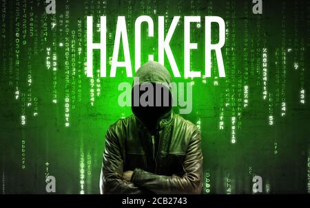 Faceless hacker with HACKER inscription, hacking concept Stock Photo