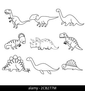 Set of cartoon dinosaurs. Cute dino. Black and white vector illustration for coloring book Stock Vector