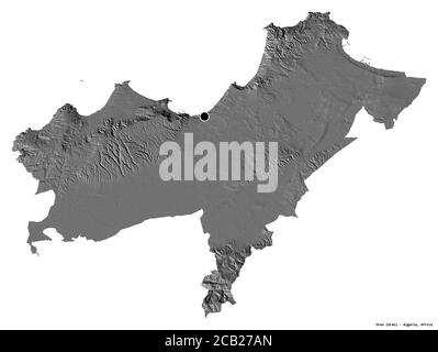 Shape of Oran, province of Algeria, with its capital isolated on white background. Bilevel elevation map. 3D rendering Stock Photo