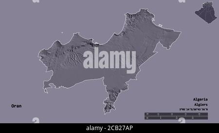 Shape of Oran, province of Algeria, with its capital isolated on solid background. Distance scale, region preview and labels. Colored elevation map. 3 Stock Photo