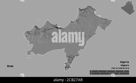 Shape of Oran, province of Algeria, with its capital isolated on solid background. Distance scale, region preview and labels. Bilevel elevation map. 3 Stock Photo