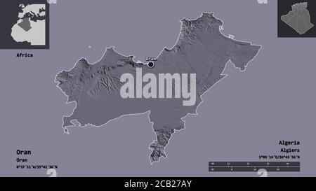 Shape of Oran, province of Algeria, and its capital. Distance scale, previews and labels. Colored elevation map. 3D rendering Stock Photo