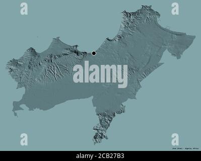 Shape of Oran, province of Algeria, with its capital isolated on a solid color background. Colored elevation map. 3D rendering Stock Photo