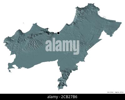 Shape of Oran, province of Algeria, with its capital isolated on white background. Colored elevation map. 3D rendering Stock Photo