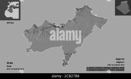 Shape of Oran, province of Algeria, and its capital. Distance scale, previews and labels. Bilevel elevation map. 3D rendering Stock Photo