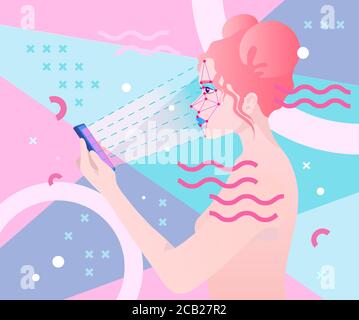 Woman face recognition. Girl holds smartphone for identity detection. Biometric verification concept by face scanner Stock Vector