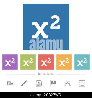 Math exponentiation flat white icons in square backgrounds. 6 bonus icons included. Stock Vector