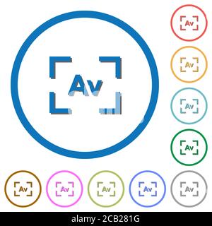 Camera aperture value mode flat color vector icons with shadows in round outlines on white background Stock Vector