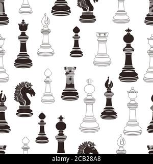 Chess pieces seamless pattern, chessmen flat black and white drawing, silhouette. Figures pawn, king, queen, bishop, knight, rook on white background, Stock Vector