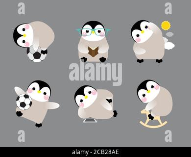 Cute Penguin set of illustrations, with penguins in different situations. Vector illustration Stock Vector