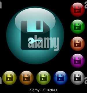 Encrypt file icons in color illuminated spherical glass buttons on black background. Can be used to black or dark templates Stock Vector