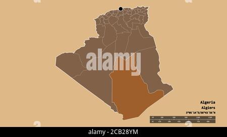 Desaturated shape of Algeria with its capital, main regional division ...