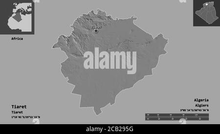 Shape of Tiaret, province of Algeria, and its capital. Distance scale, previews and labels. Bilevel elevation map. 3D rendering Stock Photo