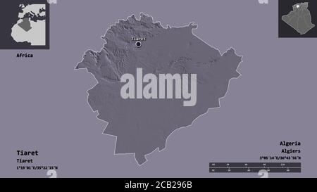 Shape of Tiaret, province of Algeria, and its capital. Distance scale, previews and labels. Colored elevation map. 3D rendering Stock Photo