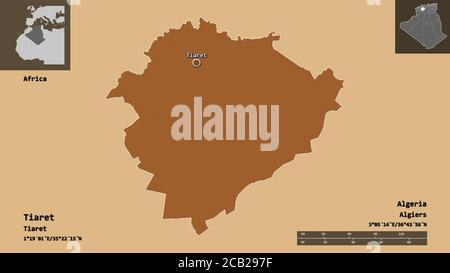 Shape of Tiaret, province of Algeria, and its capital. Distance scale, previews and labels. Composition of patterned textures. 3D rendering Stock Photo