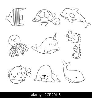 Vector doodle set of sea elements isolated on white background. Sea animals coloring page for kids. Stock Vector