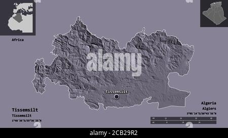 Shape of Tissemsilt, province of Algeria, and its capital. Distance scale, previews and labels. Colored elevation map. 3D rendering Stock Photo