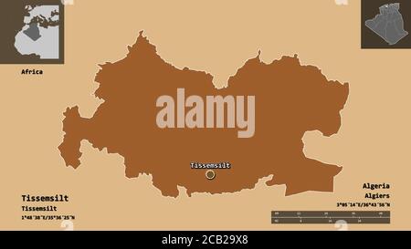 Shape of Tissemsilt, province of Algeria, and its capital. Distance scale, previews and labels. Composition of patterned textures. 3D rendering Stock Photo