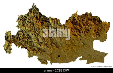 Shape of Tissemsilt, province of Algeria, with its capital isolated on white background. Topographic relief map. 3D rendering Stock Photo