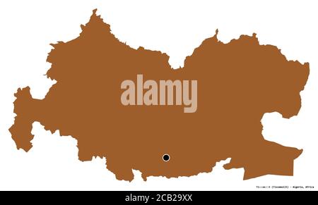 Shape of Tissemsilt, province of Algeria, with its capital isolated on white background. Composition of patterned textures. 3D rendering Stock Photo