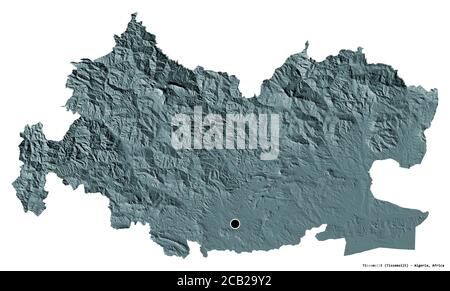 Shape of Tissemsilt, province of Algeria, with its capital isolated on white background. Colored elevation map. 3D rendering Stock Photo