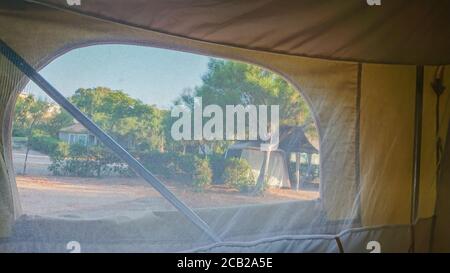 View from inside of tent in camping Stock Photo